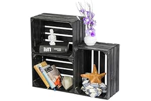 LAUBLUST 3er Set Große Vintage Holzkisten - 40x30x25cm, Schwarz Lackiert, Neu, Unbenutzt | Möbel-Kiste | Wein-Kiste | Obst-Kiste | Apfel-Kiste | Deko-Kiste aus Holz