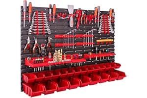 Lagersystem Wandregal 115x78 cm, Werkzeughalterungen, 23 stck. Stapelboxen Schüttenregal Sichtlagerkästen, Extra Starke Wandplatten, Regal Erweiterbar, Werkstattregal Lagerregal Werkstattwandregal St