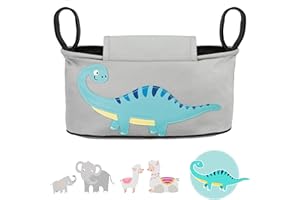 GLÜCKSWOLKE Bolso Carro Bebe - 12 Motivos I Organizador para Coches de Paseo I Accesorios para Cochecito para Mama I Bolsa Carrito Gris I Bolsos Sillas de Paseo I Motivo Dinosaurios (gris)