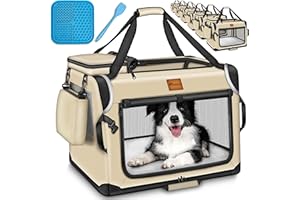 TRESKO® Box per cani pieghevole, con tappetino per mangiare e spatola, trasportino robusto per cani e gatti di piccola e grande taglia, M (61 x 42 x 42 cm), beige