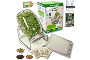 ‎GREEN SEEDS Green SEEDS® [Das Original Sprossenglas Starter-Set + KRESSESIEB | 1000ml mit hochwertigem Edelstahl-Gitterdeckel, Ständer, Keramikschale + Sprossen-ABC [Druckversion] Keimglas Anzuchtschale