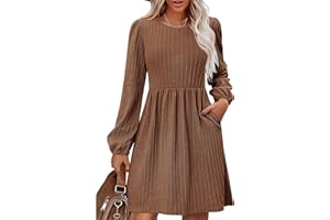 Zeagoo Vestido de mujer de manga larga, vestido de otoño, elegante, línea A, vestido de invierno, cuello redondo, vestido suelto, largo hasta la rodilla, túnica con bolsillos