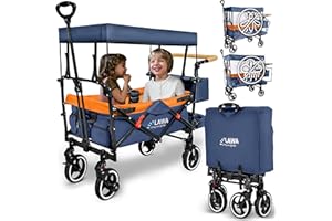 ‎LAWA LIVING AND LIFESTYLE Bollerwagen faltbar mit Dach für Kinder Regenschutz, Insektenschutz, 360° schwenkbare Räder gefedert trägt Bremse 80kg Handwagen zum Schieben Transportwagen zum Schieben BLAU - Orange