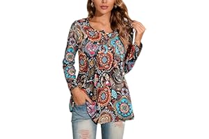 Enmain Damska tunika, koszulka z długim rękawem, tunika, długa koszulka damska, duże rozmiary, dekolt w serek, długa bluzka na co dzień, elegancka tunika, top z guzikami, wzór Paisley, S-3XL