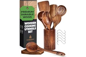 Wooden Spoons for Cooking – Wooden Utensils for Cooking Set with Holder, Spoon Rest & Hanging Hooks, Teak Wood Nonstick Kitchen Cookware – Durable Set of 8pcs by Woodenhouse