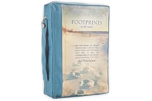 CHRISTIAN ART GIFTS Footprints in The Sand Inspirational Poem Blue Poly Canvas Bible Cover for Women Extra Large Zippered Case for Bible or Book w/Handle