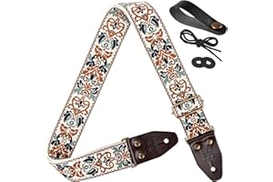 Amumu Guitar Strap Flower of Life Embroidery Top Grain Leather for Bass, Electric & Acoustic (White), White/Opulent Garden, 37.5 - 64 Inches, White/Opulent Garden