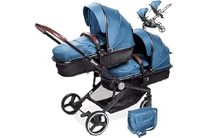 BABYGO Poussette 3 en 1 pour jumeaux - Poussette frère et sœur pour bébé - Poussette jumelle pour 2 enfants - Avec de nombreux accessoires - Bleu - Sans coque bébé - 1 pièce (1 pièce)
