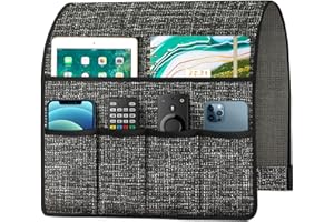 Joywell Sofa Arm Organiser, Chair Bedside Storage with 6 Pockets, Cotton Linen, for Cellphone Laptop Book, Dark Grey