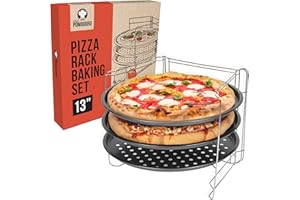 Chef Pomodoro Plaques à Pizza Antiadhésifs - Ensemble De Cuisson à Pizza Avec 3 Poêlles à Pizza Et 1 Grille de Support Pizza Four - Assiette Pizza Inox Pour Four, Grill, Barbecue (33 cm)