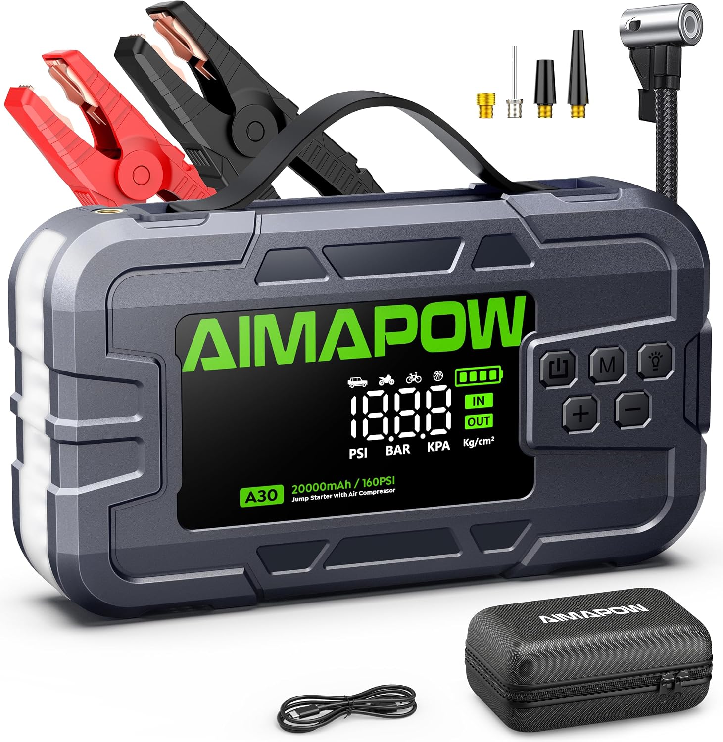 Arrancador de Coches 8000A, AIMAPOW Arrancador de Batería de Coche con Compresor de Aire 160PSI, Jump Starter 12V para Todos los Motores de Gasolina y Diésel de 12L, Pantalla LCD, Luz LED de 600LM