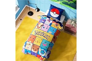 Get Trend Pokemon Parure de Lit 1 Personne Enfant et Ado 135x200cm, Housse de Couette Taie d'oreiller Réversible, Décoration Chambre, Cadeau Pikachu (Multi Pokemon, Couette)