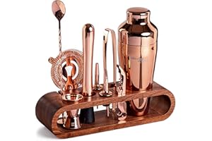 Mixology & Craft Cocktail Set (10-tlg.) - Edles Cocktail Shaker Set mit Shaker aus Edelstahl und Bar Zubehör im Holzständer aus Mahagoni - Dekoratives Geschenkset - Kupfer