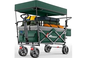 TRESKO® Bollerwagen Faltbar mit Dach, Kühlfach & Seitenrollos | Handwagen max. belastbar bis 150kg | Transportwagen mit Vollgummireifen & Feststellbremsen (Vorne & Hinten) und 3-Punkt-Gurt (Grün)