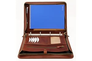 NODA Portfolio aus italienischem Leder, A4-Ordner mit Reißverschluss, Padfolio mit 4 Ringen, Ledermappe mit Griff (Cognac)