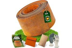 BIBODU Bordura Acero Corten 10 Metros | Borde Jardin Exterior 14cm Alto | Diseño Flexible & Fácil de Instalar | Incluye Guantes, Taco de Madera, Conectores y eBook con Instrucciones