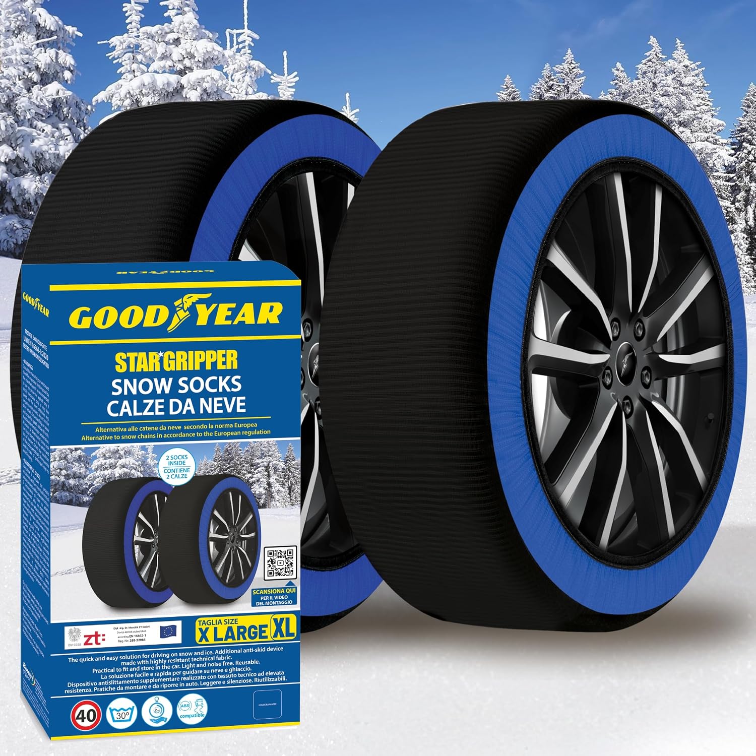 Goodyear Calze da Neve Star Gripper Omologate Italia EN 16662-1:2020 Due Catene da Neve in Tessuto per Auto, Snow Sock Taglia XL, per R14 - R21 (Misure per Pneumatici Dettagliate all'Interno)