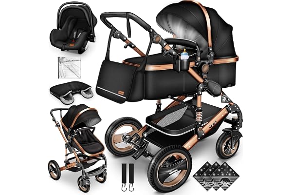 KIDUKU® Poussette Combinée 3 en 1 | Trio pour Enfants | Siége Auto Légère, Piable | Nacelle Souple Convertible | Set de Voyage (Noir/Champagne)
