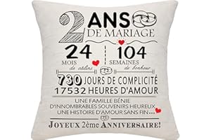 BOMMEX Cadeau 2 Ans de Mariage 2ième Anniversaire de Mariage Housse de Coussin Souvenir Décoration Cadeau pour Couples Parents Femmes Hommes Maman Papa Mari Femme Tante Oncle Amis(2e Anniversaire)