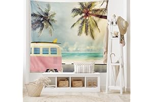 ABAKUHAUS Le Surf Tapisserie, Retro Mini-fourgonnette sur la Plage, Décoration Murale en Tissu pour la Chambre à Coucher Le Salon Le dortoir, 230 cm X 140 cm, Turquoise Vert