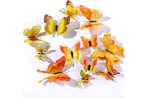 Derbway 12 sztuk 3D motyle naklejki ścienne, podwójne skrzydła 3D, DIY dekoracja ścienna rękodzieło motyle do pokoju dziecięcego, dekoracja na imprezę, rośliny ogrodowe dekoracja (żółty)