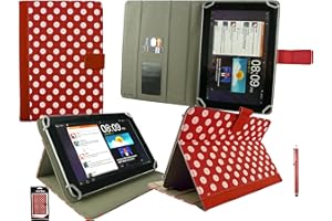 Emartbuy White Stylus + Polka Dots Red/White PU Leather Multi Angle Executive Folio Wallet Case Cover With Card Slots Compatible With Tesco Hudl 2 8.3" Inch Wi-Fi Tablet and Selected 8-9 Inch Tablets
