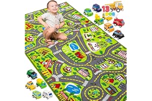 JOYIN Teppich Kinderzimmer 80x150cm mit 12 Mini Auto Spielzeug für Kinder, Spielteppich Straße Kinderteppich, Autoteppich Junge Mädchen für Schlafzimmer & Spielzimme