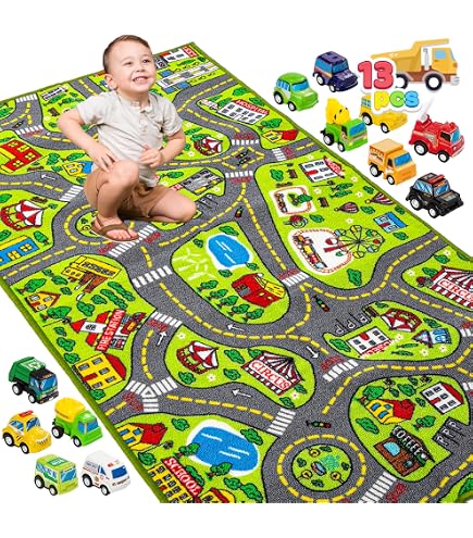 ZFHNYJWKL Kinder spielteppich Auto Jungen & Mädchen Teppich Straßenteppich Bauteppich Stadtstadt Lernbereich Teppich Pädagogischer Antirutsch für Kinderzimmer Grau Blau Grün(A,200X300CM) Baby
