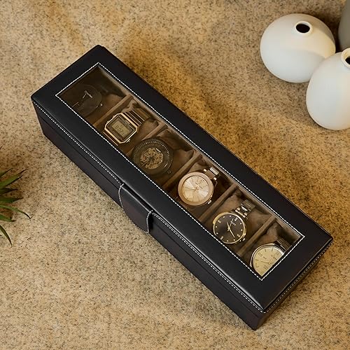Leather World Faux Leather Wrist Watch Organizer Box Holder with Removable Pillows Display Case For Men & Women, Gift for Loved Ones - Black, 6 Slots