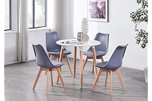 Life Interiors Dining Room Table Set for 4-80 cm Round Table & Dining Room Chairs Set of 4 with Cushions - PU Padded Seat w/Solid Wood Legs - Modern Round Dining Set - White/Grey