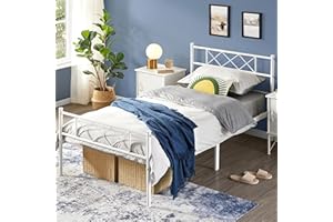 Yaheetech Metalowe Łóżko 90 x 200 cm, Podwójne/Pojedyncze, Rama Ze Stelażem i Zagłówkiem, Dla Gości, Młodzieżowe, Do Sypialni, Pokoju Gościnnego, Białe