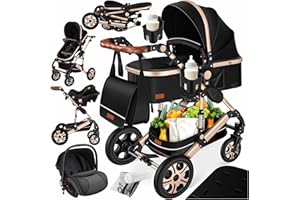 KESSER® Carrozzina 3in1 Loops, Carrozzina Combinata con navicella, Seggiolino sportivo, Seggiolino auto, Borsa Fasciatoio, Parapioggia, Tavolino per Bambini, Nero/Champagne