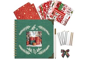 Vienrose Álbum de Recortes Navideño 20,5 x 20,5 cm, Álbum de Fotos Scrapbook DIY Tapa Lino, Papel Kraft 20 Hojas 40 Páginas, Libro Recuerdos con Ventana Cuadrada para Familia, Bodas y Viajes, Verde
