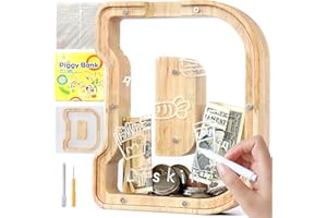 Lakpopya Salvadanaio in Legno per Bambini Salvadanaio Lettre Personalizzato di A-Z Salvadanaio Apribile Trasparente per Decorazione Regalo Battesimo (D)