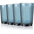 Joeyan Drinking Glasses Set of 4, 350ml Colored Highball Glass Cups Water Glasses Tumbler Cocktail Glasses with Diamond Design Tall Glassware Set for Juice Beverages Coffee Beer Tea Gift, Blue