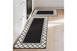 COSY HOMEER Absorbent Kitchen Runner Rug Mats 2 Pieces, 50x76cm+50x122cm, Extra Nonslip TPR Backed Carpet Rugs for Kitchen, Soft Standing & Machine Washable, Vacuum Cleaner Available No Curling, Black