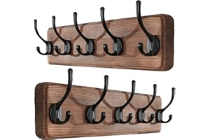 SKOLOO Farmhouse Style Wall Mounted Coat Rack, Pack of 2, Pine Solid Wood Coat Hook Hanger - 5 Hooks for Hanging Clothes Robes Towels Coats