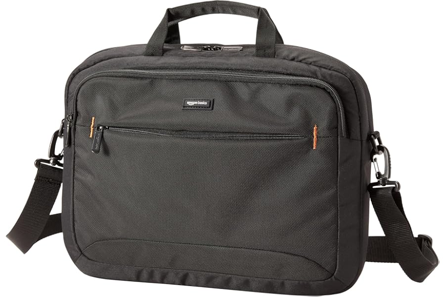 Amazon Basics Compact Laptop Shoulder Bag Carrying Case with Padded Strap and Zippered Accessory Pocket, 1-Pack, 15.6 inch - 39.6 cm, Black