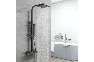 AICA SANITAIRE AICA Ensemble de colonne de douche thermostatique pour salle de bain, robinet de douche thermostatique, douche de tête carrée, chromé, hauteur réglable 730 mm-1150 mm (carré 3, noir)
