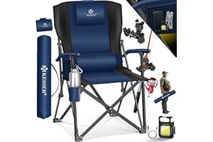 KESSER® Silla de Camping Plegable hasta 160 kg, Tapizada con Reposabrazos, Luz de Camping, Portavasos, Bolsa con Respaldo Alto, con Soporte para caña de Pescar, Azul Marino/Negro