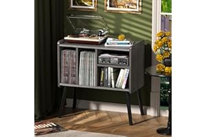 UODERS Record Player Table, Mid-Century Record Player Stand with Vinyl Storage Hold Up to 150+ Albums, Vinyl Record Cabinet with Adjustable Shelves, Wood Turntable Stand for Music Living Room (Gray)