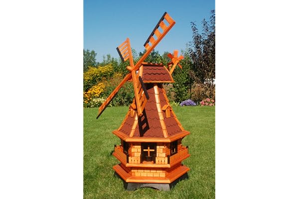Deko-Shop-Hannusch Moulin à vent décoratif avec roulement à billes et illumination via énergie solaire Tuiles en asphalte rouges 1 m