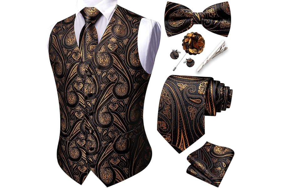 Barry.Wang Men's Paisley Waistcoat Formal Suit Vests Tie Bowtie Set Jacquard Clip Hanky Cufflinks Lapel Pin Wedding 8PCS