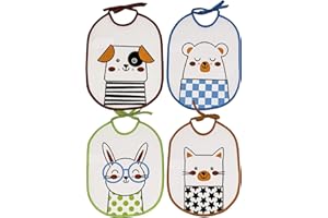 Ti TIN | Lot de 4 Bavoirs Imprimés Imperméables, 23x28 cm | 73% Coton - 27% Polyester - Bavoirs Bébés de 6 à 12 mois - Boucle, Ruban de Fermeture - Doublure Vinyle - Animaux - Multicolore - 140gr/m²