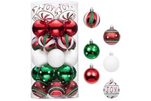 Valery Madelyn 30 Stück Weihnachtskugeln Rot Grün Weiß, 6cm Christbaumkugeln Kunststoff mit Aufhänger Weihnachtsdeko,Christbaumschmuck Weihnachtsbaum Plastik