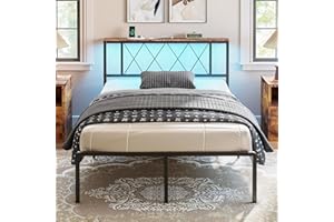 IRONCK Small Double Bed Frame, Headboard with Charging Station/LED Lights, 4ft Metal Bed Frame with Storage, Solid and Stable, Noise Free, No Box Spring Required, Easy Assembly
