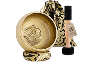 AVANDA Set Campane Tibetane Om per Yoga, Meditazione e Relax - Campana Tibetana Dipinta a Mano Ø 16 cm, Doppio Battitore con Feltro e Pelle, Cuscino per Anelli, Borsa e Istruzioni