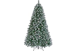 Yaheetech 228 cm konstgjord julgran med snö och 82 tallkottar (Ø ca 132 cm) 1346 spetsar, flamsäker gran med snabbmontering