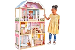 KidKraft Maison de Poupée en Bois Charlotte incluant Accessoires et Mobilier Classique, 3 Étages de Jeu avec Lit à Baldaquin pour Poupées de 30 cm, Jouet Enfant dès 3 Ans, 65956