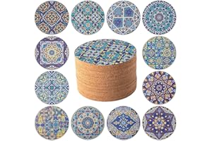 STARUBY 12 Pcs Cork Coasters for Drinks - Round 10cm Blue Absorbent Kitchen and Dining Room Decoration